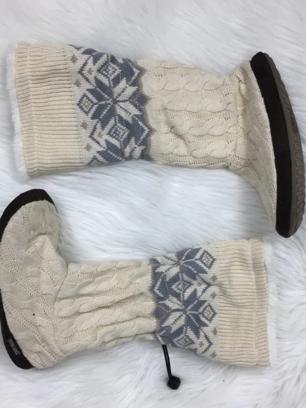 Cozy Cable Knit Women's Cream Sweater Boots with Gray Fair Isle Accent